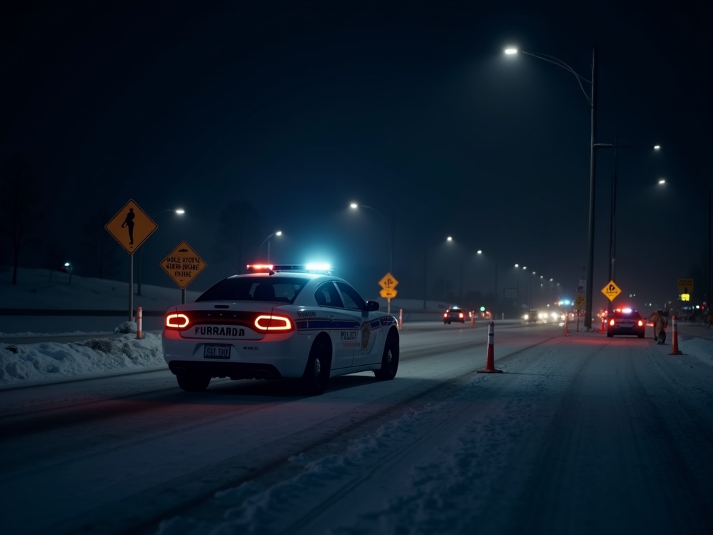 Illustrative roadside OVI checkpoint scene with patrol vehicle lights on at night