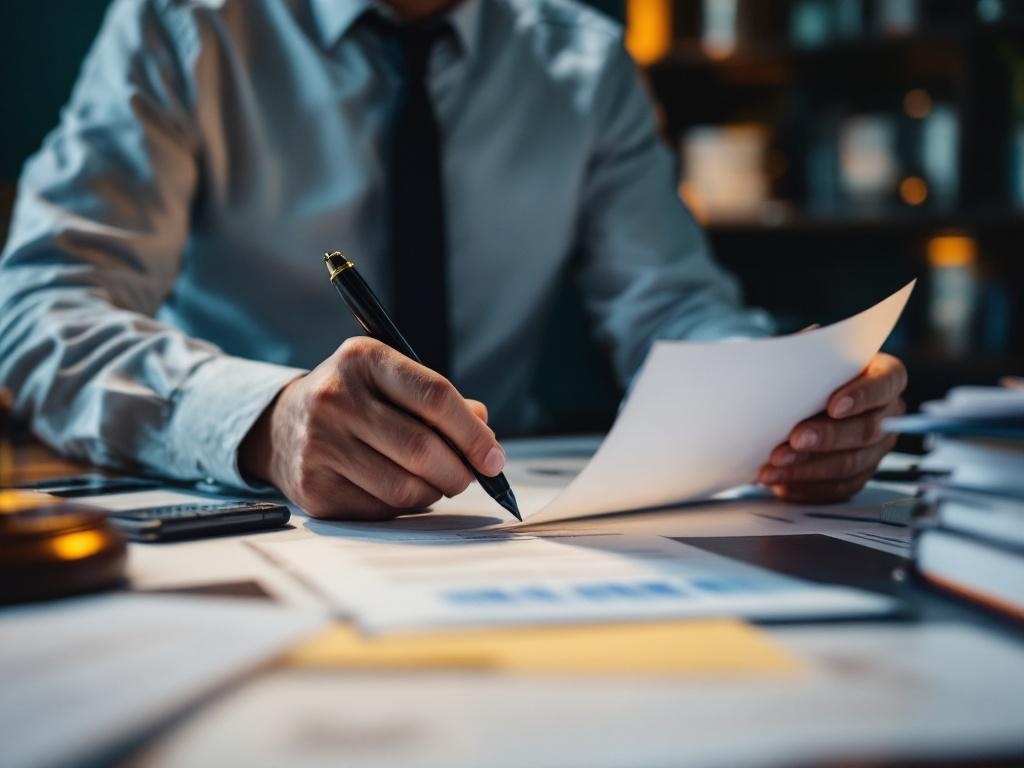 Criminal defense attorney reviewing case files and legal documents in professional office setting