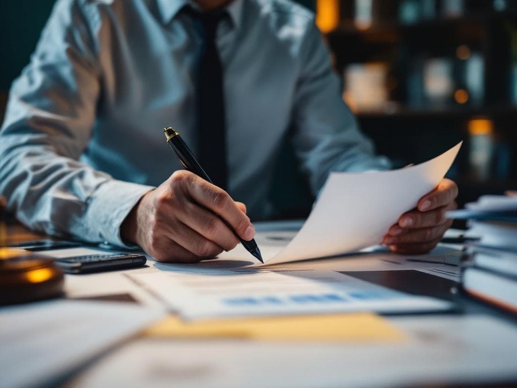 Criminal defense attorney reviewing case files and legal documents in professional office setting